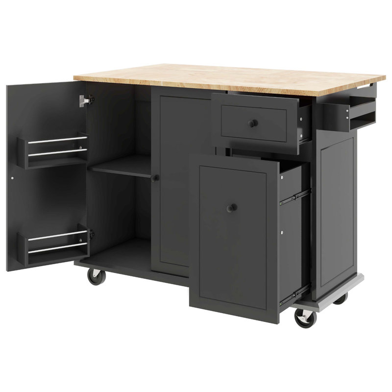 Creg Rolling Mobile Kitchen Island Cart with Drop-Leaf Top, Pull-Out Storage, and Locking Casters, Black