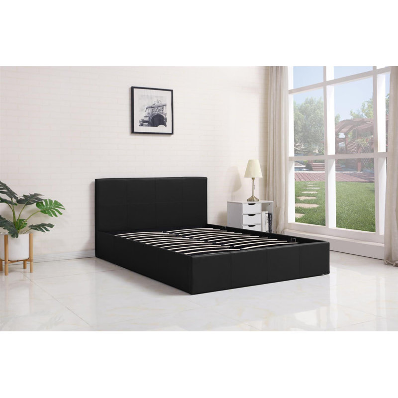 Ottoman Leather Stoarge Bed leather and 1 Mattress, Double (4'6), Black