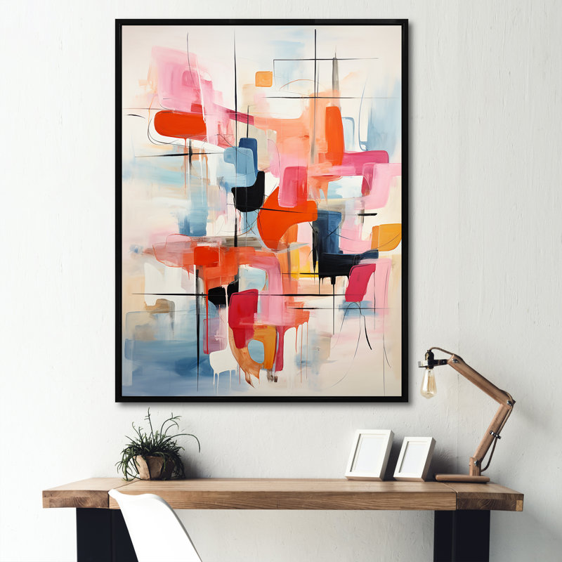 Reproduction sur toile rose beige Mid Century Atomic Abstraction III, Cadre flottant noir, H 32 po x l 24 po x P 1 po