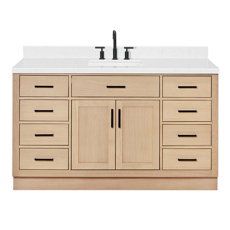 Thornaby Solid Wood Single Bathroom Vanity with 1.5'' Carrara Quartz Top, Rectangular, Natural Oak