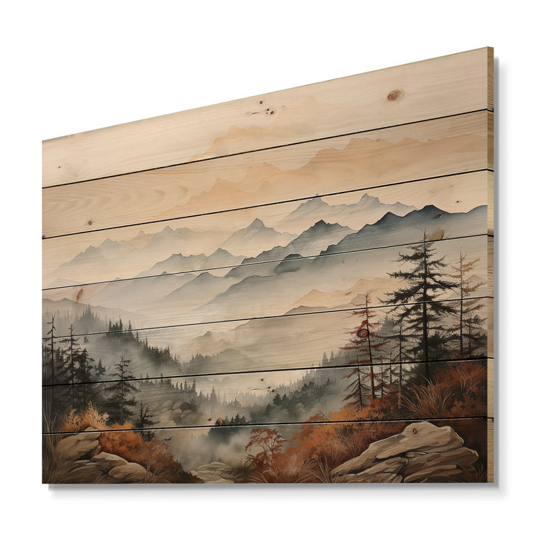 Mountain Morning Whisperes I - Art sur bois de pin naturel, H 24 po x l 32 po