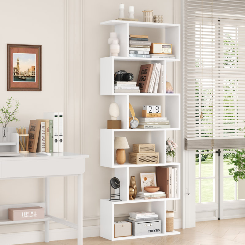 Hermoth 75'' H X 27.6'' W Tall Geometric Bookcase,6-Tier Storage Shelf, Contemporary Display Shelf, White, 1
