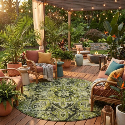Tapis rond rond 8 po vert olive et vert foncé rond oriental lavable antidérapant