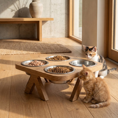 Station d'alimentation pour animaux de compagnie quadruple, style rustique moderne, couleur marron, avec bols en acier inoxydable