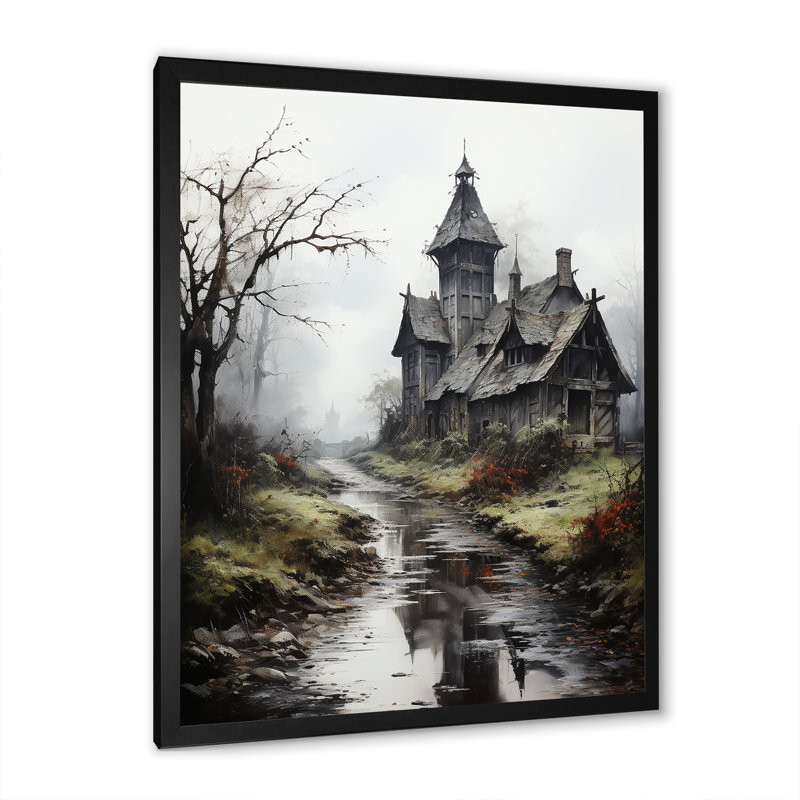 Maison hantée dans un paysage mystique, Cadre simple noir, H 20 po x l 12 po x P 1 po