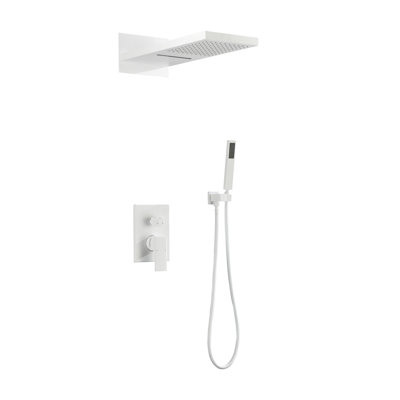 Shower System For Bathroom Wall Mount - Waterfall Rainfall Head And Handheld, White Brass Kit Mounted With Faucet