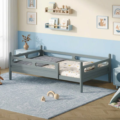 79.3" L Low Profile Platform Bed Frame with Safety Guardrails Wooden Slat Support No Box Spring Needed