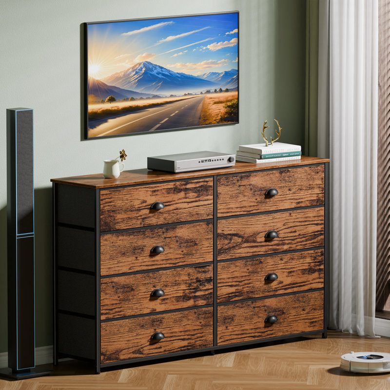 8-Drawer Fabric Dresser with Wood Top, Storage Chest, Rustic Brown
