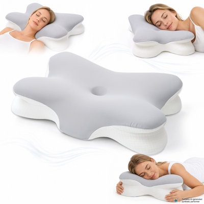  Butterfly-Shaped Cervical Memory Foam Pillow - Cooling, Breathable, 60D High-Density Unscented, Double-Sided 10/8cm Adjustable Height for Side Sleepers, Comfortcore Neck Support, Neck & Back Pain Relief, Light Gray, Neck Pain Relief