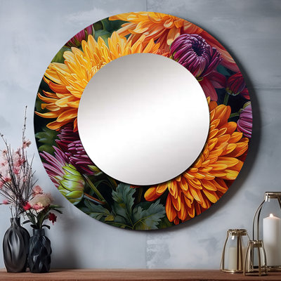 Orange mamans mauves en fleurs - miroir floral, miroir mural rond traditionnel unique, impression d'art en métal
