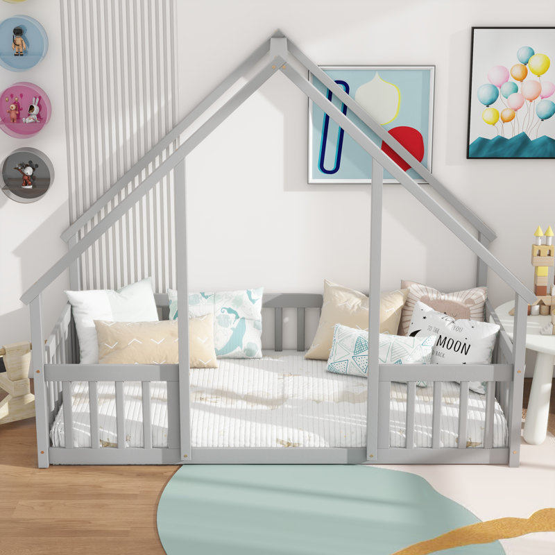 Twin Wood House-Shaped Floor Bed With Fence, Guardrails ,Grey, Gray, Twin