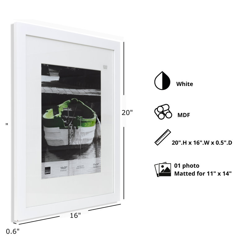 Barrville Matte Picture Frame with Mat, White, 18" X 22"