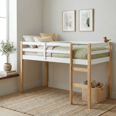 Solid Wooden, Rubber Wooden Twin Loft Bed with Ladder, Bed Platform of Strengthened Slats,Natural-white