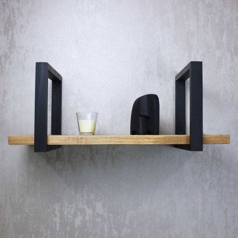 Antique Brown Pine Wood Wall Shelf with Black Metal Brackets