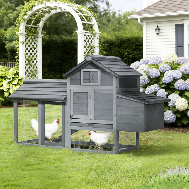 Poulailler 59 po en bois gris avec cage de nidification, plateau amovible et petite cage à poulet facile à entretenir, en bois, facile d'accès