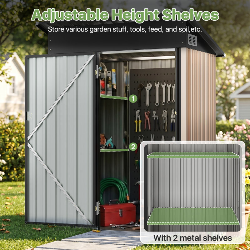 5' W X 3' D Metal Lean-To Storage Shed with DIY Adjustable Shelves & Built-In Floor, 5'W x 3'D