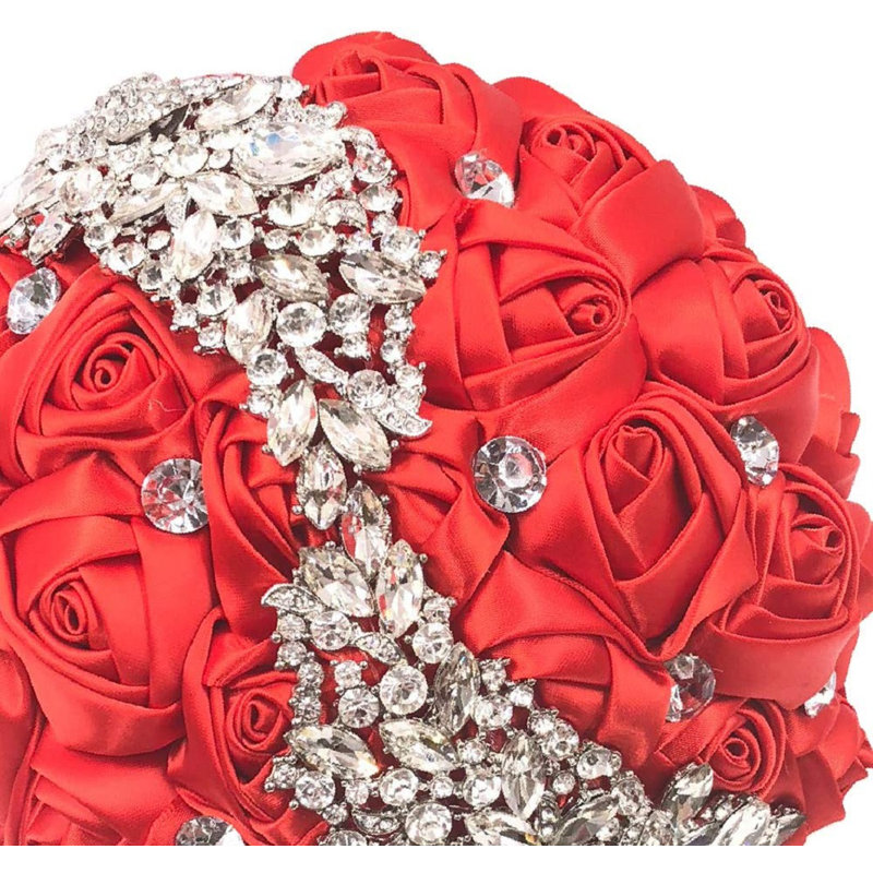 Mariage et bouquet de quinceanera fleur de satin rose avec cristal strass scintillant , Rouge