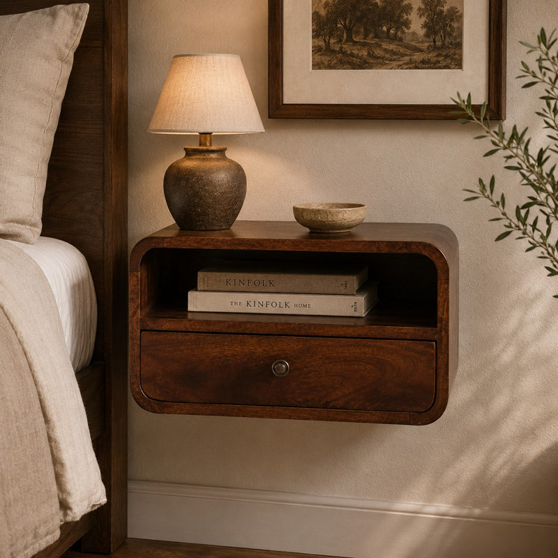 Large Oak-Ish Curve Upper Slot Floating Bedside, Brown