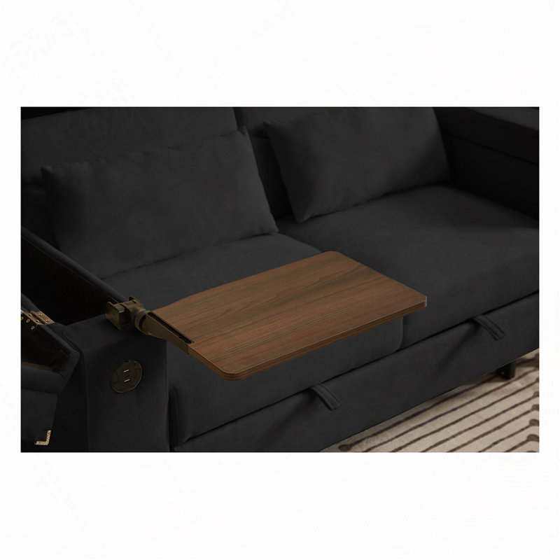 Canapé-lit chenille en tissu avec rangement, port USB, Noir, noir, noir, noir