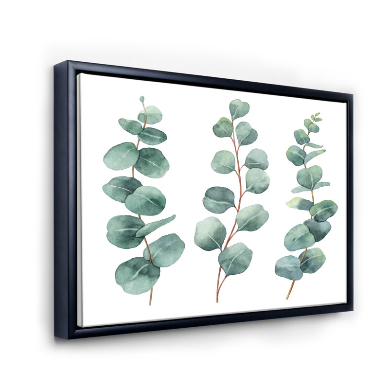 Jeunes feuilles d'eucalyptus et branches I - peinture sur toile, H 24 po x l 32 po x P 1 po, Cadre flottant noir