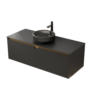 Meuble-lavabo mural 48 po avec lavabo rond transparent en cristal noir, comptoir en pierre frittée, unité de rangement en contreplaqué, portes doubles en bois massif sergé et garniture en métal, registre à fermeture en douceur