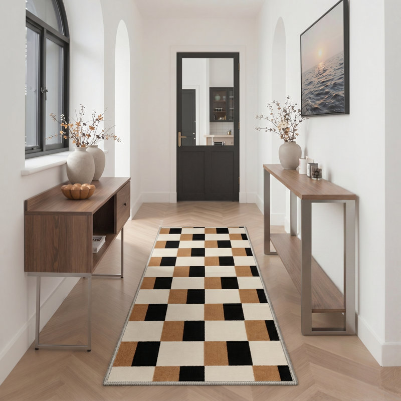 Tapis d'intérieur damier beige / brun / noir lavable à la machine à damier avec envers antidérapant, Runner 2'6" x 8'
