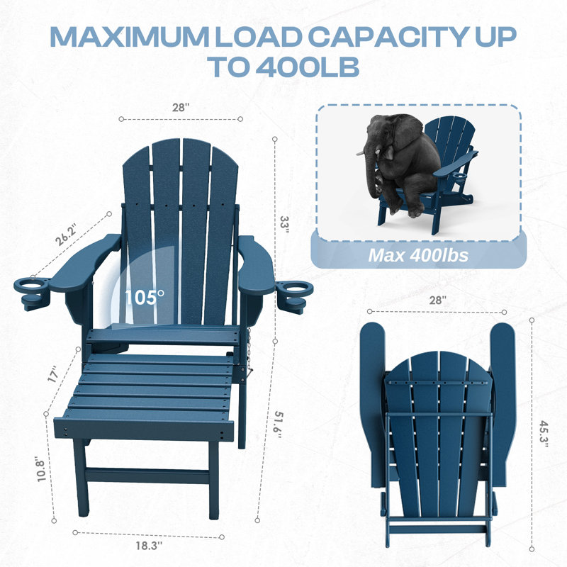 Hdpe Folding Adirondack Chair With Ottoman, Blue