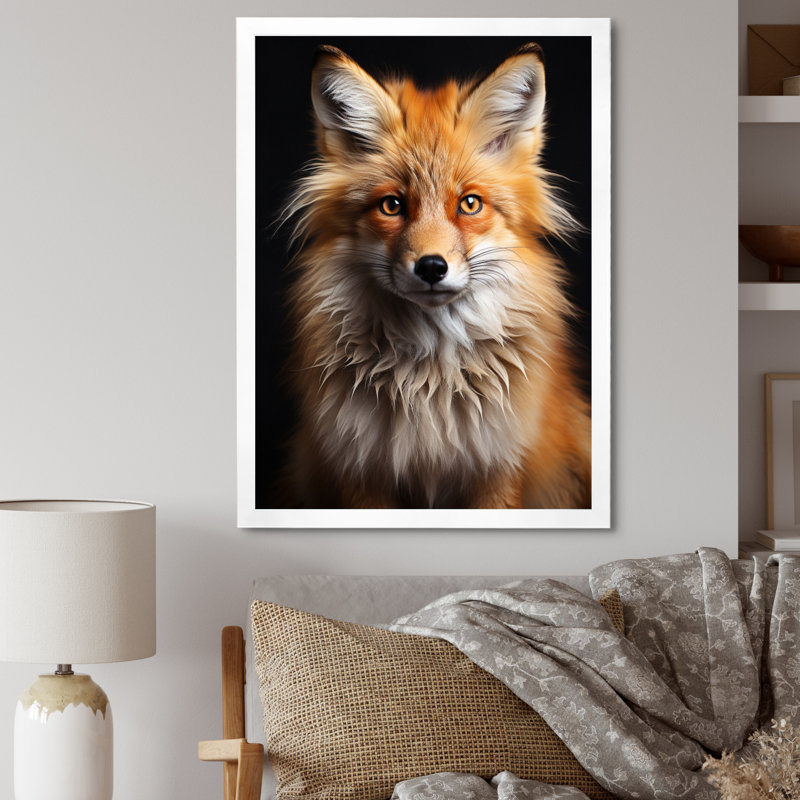«Orange Fox Guardian», art mural renard, Cadre simple blanc, H 32 po x l 24 po x P 1 po