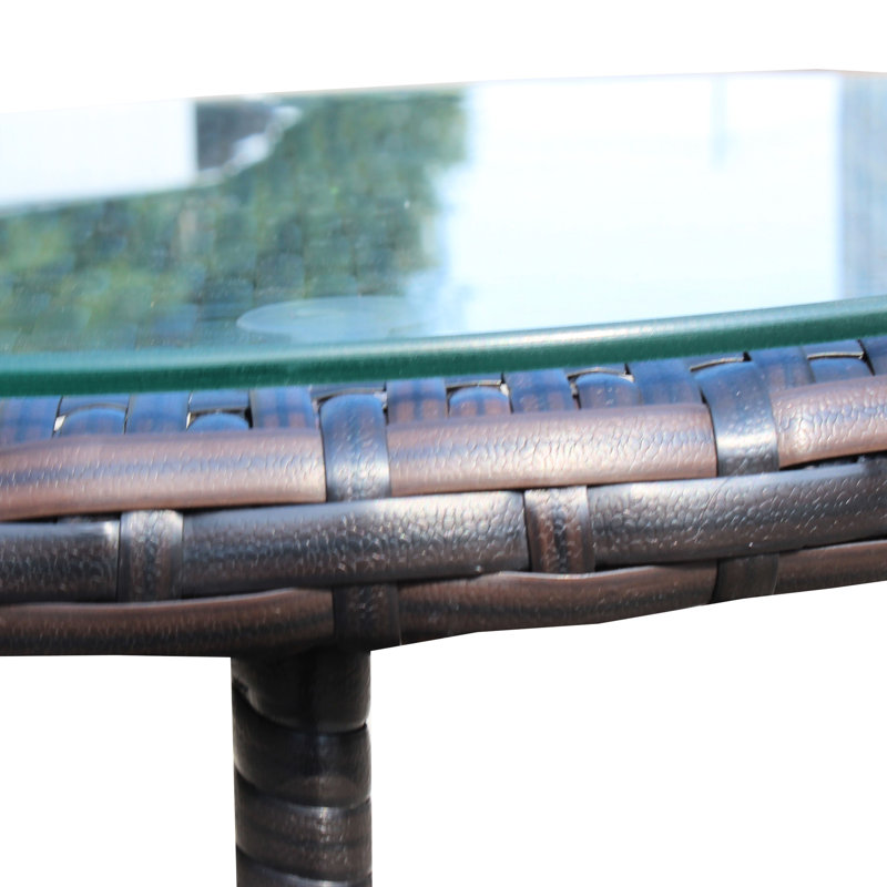 Patio Round Coffee Table With Tempered Glass - Pe And Metal, 21"X21"X21", Brown, Assembly Necessary Outdoor & Steel, Weather , Required