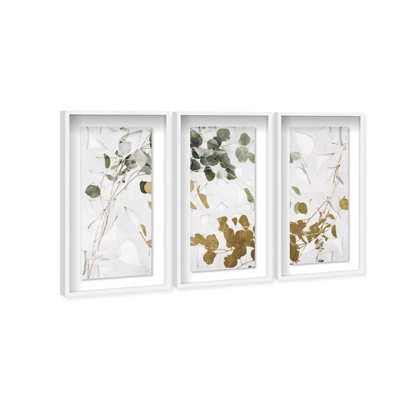 Oliver Gal Golden Leaves Triptych Floral and Botanical - Luxury Shadowbox Framed Wall Art, White