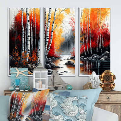 «Dilbar Red and Orange Birch Trees By The River», reproduction de cadre flottant sur toile 3 pièces