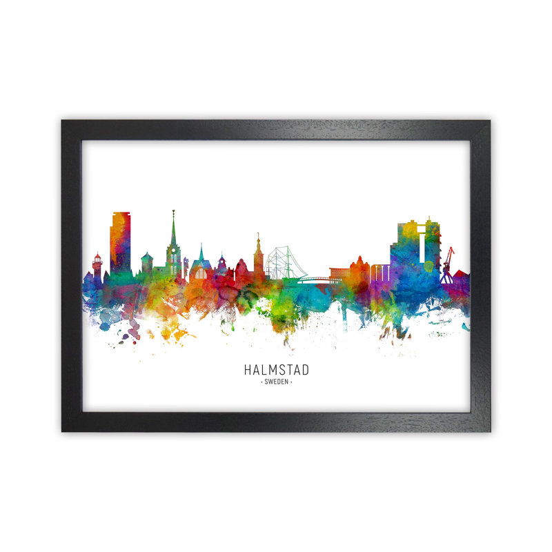 Halmstad Sweden Skyline by Michael Tompsett - Print, 34cm H x 46cm W x 3cm D, Black Framed