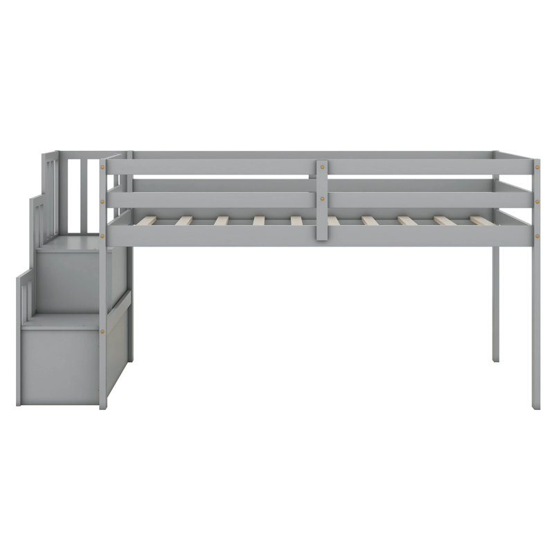 Twin Wooden Low Loft Beds With Two Step Stairs Storage, Gray