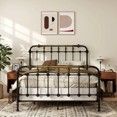 Antique Black King Size Bed In Transitional Design, Metal With Hand - Brushed Gold Accents, 7 Spindles On Head And Foot, Powder Coated Style Bed, Frame Boards, Requires Foundation