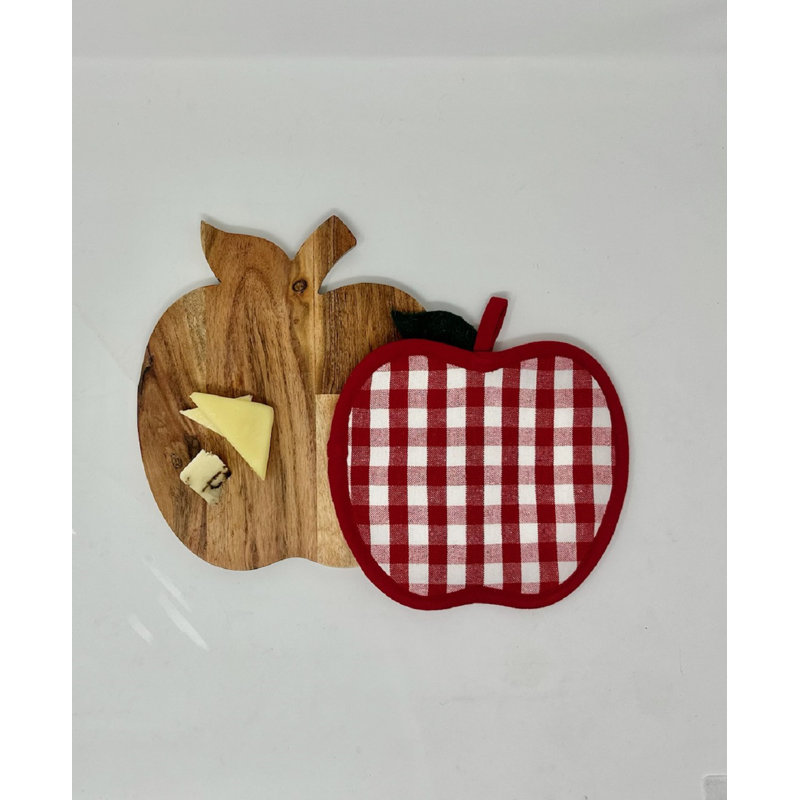 Red Gingham Apple Potholder With Apple Shaped Cutting Board