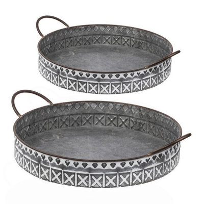 18, 20 Inch Set Of 2 Round Serving Trays With Handles, Galvanized Gray Iron