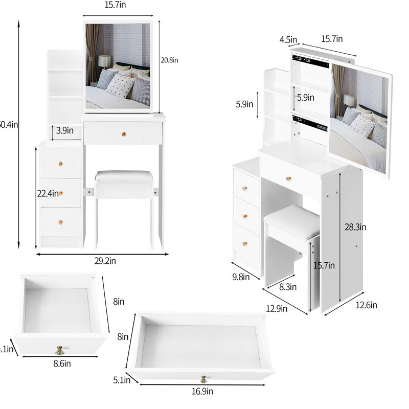 Left Bedside Cabinet Vanity Table For Tiny Spaces, With Padded Seat & Extra Large Mirror, Multi-Layer Storage, White Dresser Small Rooms Size Cushioned Stool, Sliding High Capacity Compact