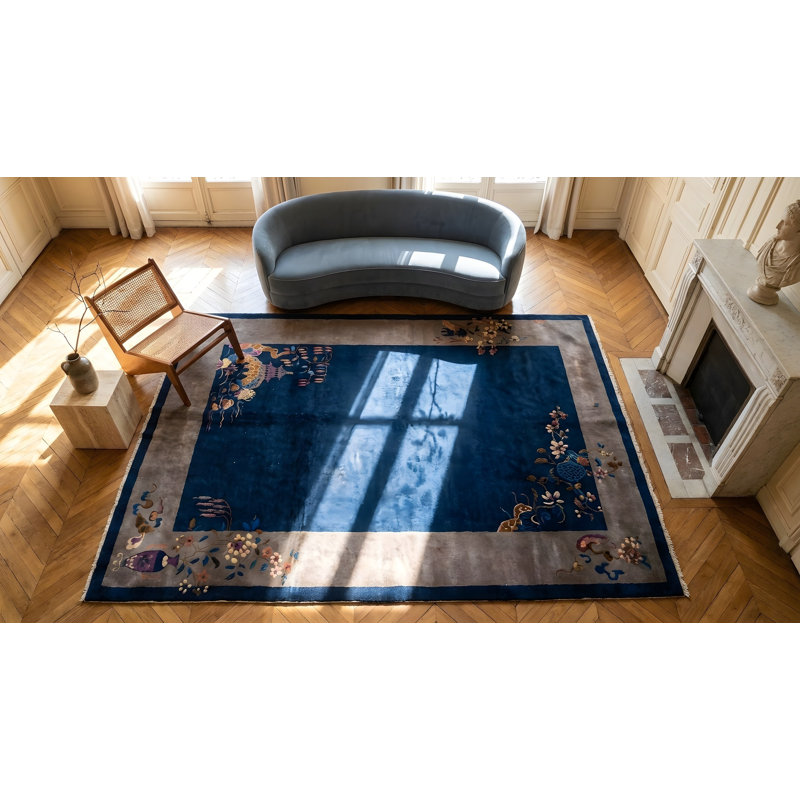 Antique Blue Field Gray Border Classic Chinese Art Deco Design Rug
