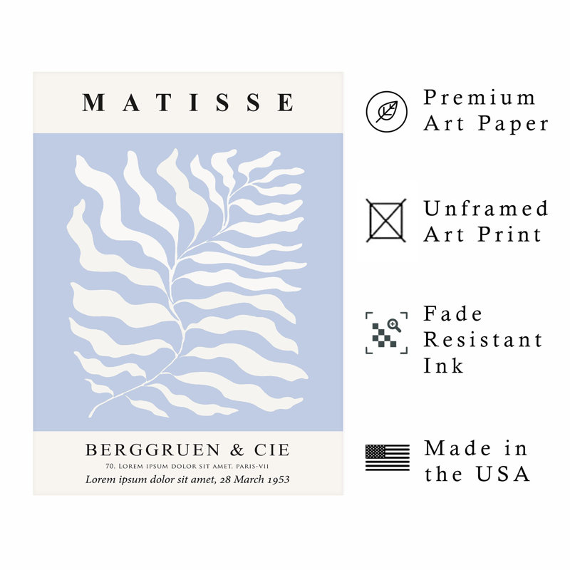 «Botanical Henri Matisse Botanical Soft Blue II», reproduction d'art moderne sans cadre Mid-Century, H 16 po x l 12 po