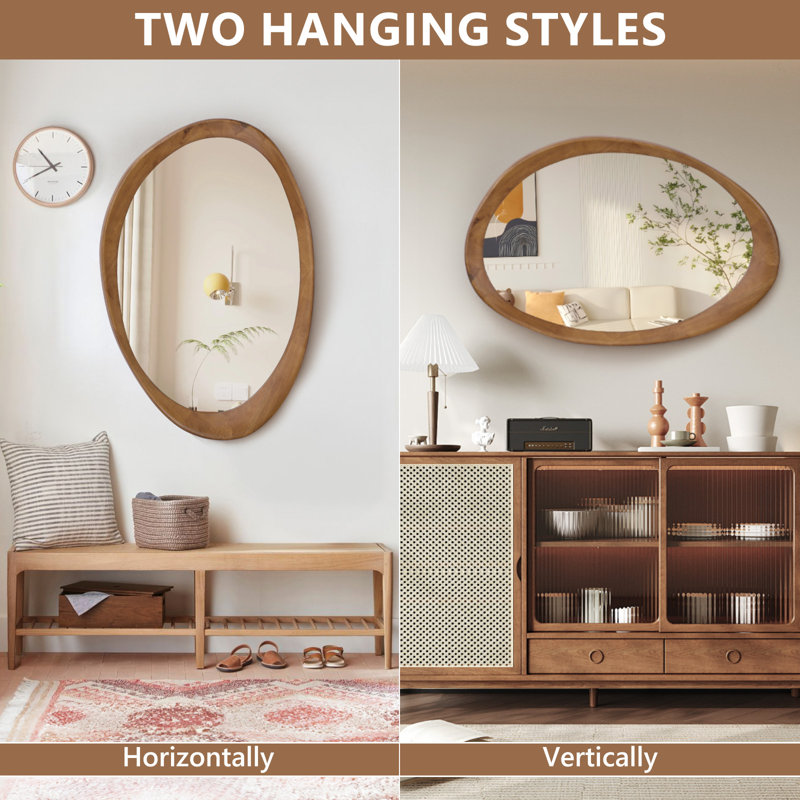 Irregular Tempered Glass Mirror, Walnut Wood Frame, 90×60Cm Wall Decor Mirror