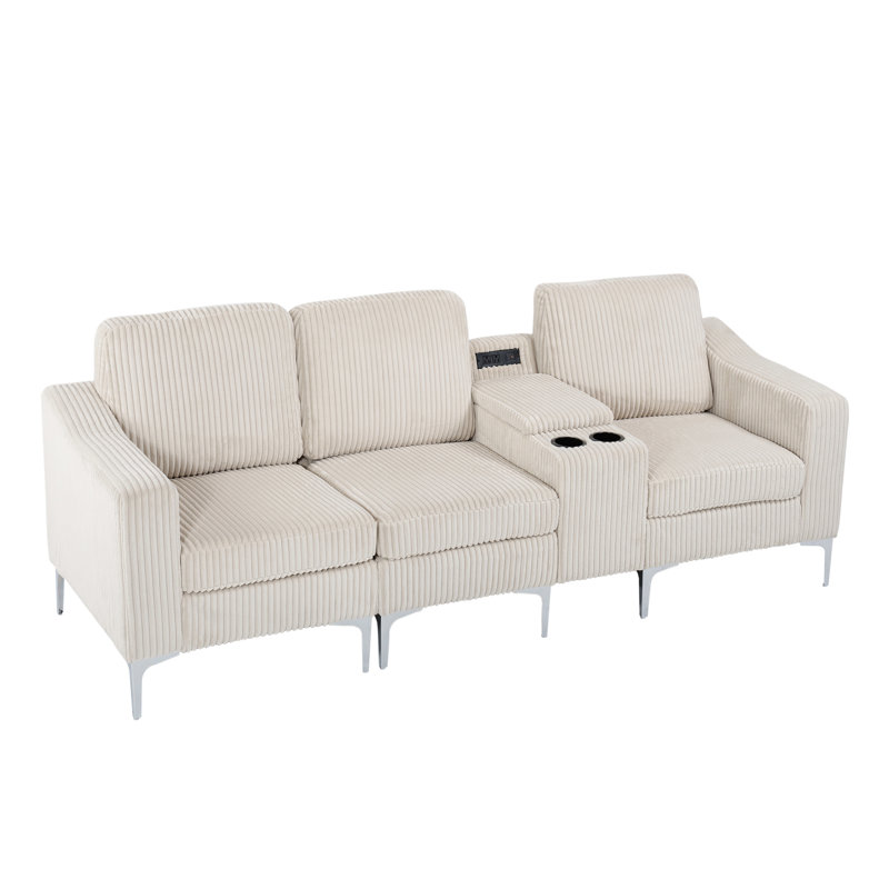 Canapé modulaire convertible beige en velours côtelé à trois places avec porte-gobelets pour le petit-déjeuner beige