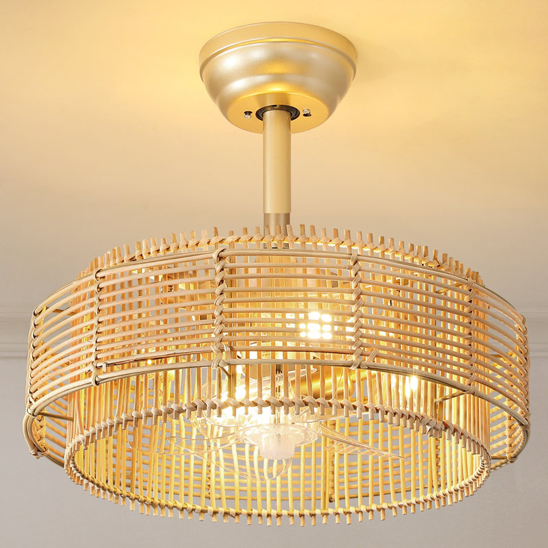19.69'' Boho Rattan Caged Ceiling Fan With Light Kit And Remote Control, Rod Hung / Pendant