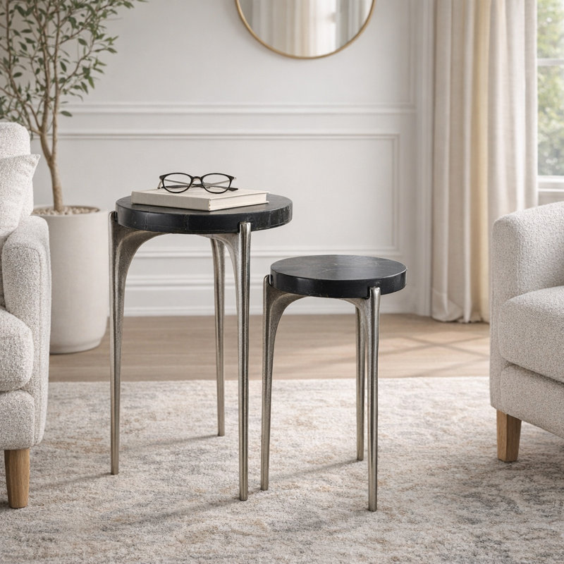 Altrincham Contemporary Round Quartz Accent Side Table For Home Decor - Stylish Narrow End Table For Living Room Or Bedroom Styling - Set Of 2, 24", Black