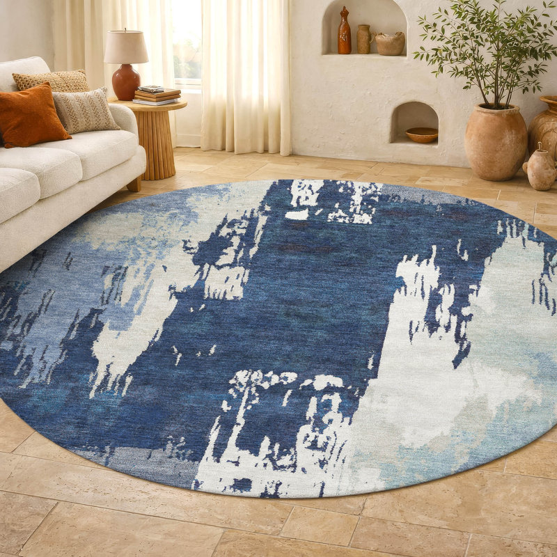 Premium Machine Washable Mayfield AMF2347 Abstract Rug, Blue, 8' Round