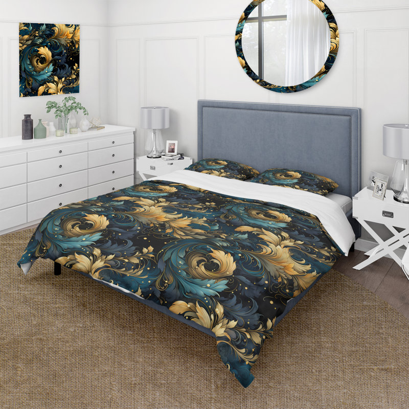 Blue And Yellow Cosmic Damask Whirls - Ensemble de housse de couette en damas