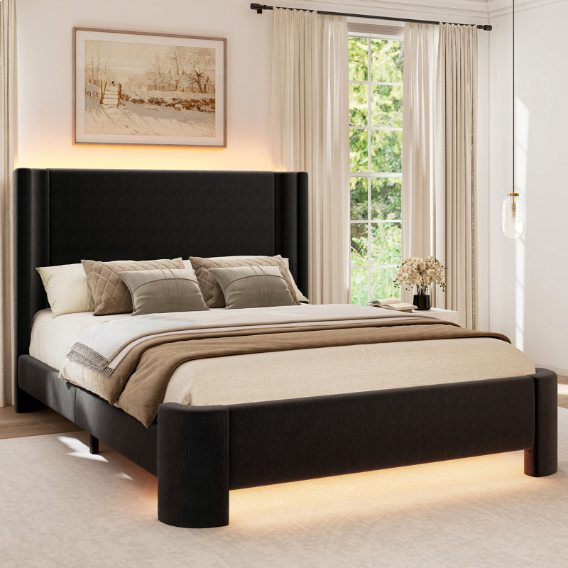 Upholstered Bed, Double(4'6), Yarn-Dyed Linen, Black