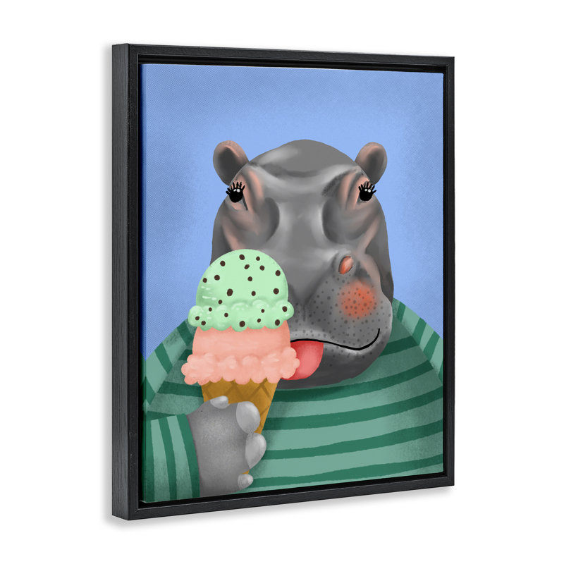 Cadre flottant Hippo and Ice Cream Cone, design par Jilly Jack Designs, Cadre flottant noir de jais, H 21 po x l 17 po