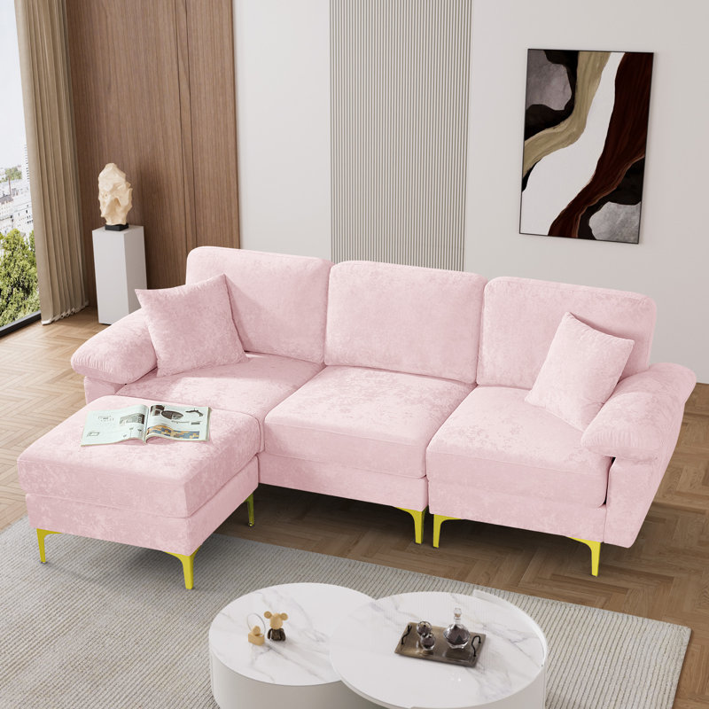 3-Piece L-Shaped Snowflake Velvet Upholstered Sectional with Metal Ottoman, Brown Polyester