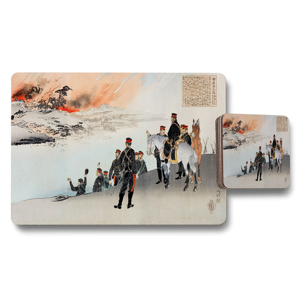 Historical Battle Scene Placemat And Coaster Set With Vintage Print