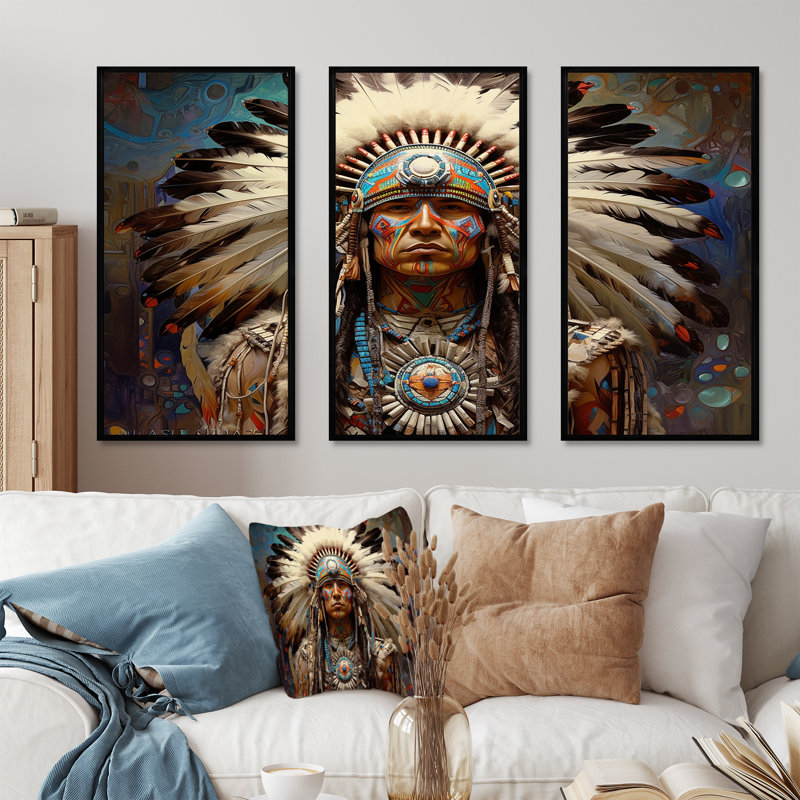 Native Art Traditional Warrior I - Ensemble d'art mural sur toile Native American, H 28 po x l 36 po x P 1 po